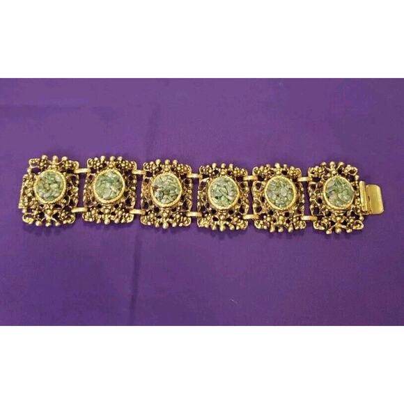 Vintage Chunky Gold Tone Green Stone Chips Statement Panel Chain Bracelet 7.5" - Picture 1 of 8